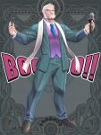  1boy belt black_shoes dairoku_ryouhei full_body green_eyes grin holding holding_microphone jacket mature_male microphone morisawa_tomohiro old old_man open_clothes open_jacket purple_vest scarf shoes sideburns smile solo standing standnig vest white_hair white_scarf 