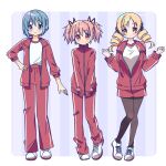  3girls absurdres blonde_hair blue_eyes drill_hair full_body gym_uniform highres kaname_madoka looking_at_viewer mahou_shoujo_madoka_magica miki_sayaka multiple_girls pink_eyes pink_hair ruru_(rurumagi) short_twintails tomoe_mami twin_drills twintails yellow_eyes 