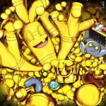  :d aqua_gemstone arms_up brown_bag coin commentary_request crown evolutionary_line fang gem gholdengo gimmighoul gimmighoul_(chest) gold_coin gold_crown gold_skin highres jewelry metal_skin necklace no_humans numeito open_mouth pokemon pokemon_(creature) pokemon_focus red_gemstone signature skin_fang smile sparkle unworn_crown yellow_eyes 