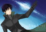  1boy black_eyes black_gloves black_hair black_jacket darker_than_black falling gloves hei jacket male male_focus night night_sky shooting_star sky solo text turtleneck 