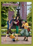  1girl 3boys animal_on_shoulder antlers artist_name bag bird bird_on_shoulder black_hair black_shorts boots border commentary eyewear_on_head green_border green_shoes hat headphones high_heels highres horns iury_padilha long_nose monkey_d._luffy multiple_boys nico_robin one_piece open_mouth orange-tinted_eyewear pelican ponytail purple_shirt reindeer_antlers sash scar scar_on_chest shirt shoes shorts shoulder_bag straw_hat t-shirt tinted_eyewear tony_tony_chopper usopp yellow_sash 