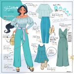  1girl aladdin_(movie) artist_name bare_shoulders belt black_hair black_sandals blouse blue_pants brown_eyes dark-skinned_female dark_skin dress earrings english_text fashion full_body green_dress jasmine_(disney) jewelry long_hair meecosme necklace off_shoulder pants pointing_out_the_details sandals sash shirt shoes smile solo unworn_blouse unworn_dress unworn_pants unworn_shoes very_long_hair 