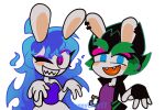 2023 4_fingers anthro arms_bent artist_name bangs black_clothing black_ear_ring black_gloves black_hair black_handwear black_jacket black_topwear blue_clothing blue_eyes blue_hair blue_shirt blue_topwear bottomwear bunnylean17 clothed clothed_anthro clothed_female clothing digital_drawing_(artwork) digital_media_(artwork) duo edge_(mario_plus_rabbids) english_description eye_through_hair eyebrows eyelashes eyelashes_through_hair eyeshadow female female_anthro fingerless_gloves fingers flat_colors fully_clothed fully_clothed_anthro fully_clothed_female fur ghost gloves green_eyebrows green_hair hair handwear heart_tongue hi_res hybrid jacket lagomorph long_ears long_hair looking_at_viewer makeup mammal mario_plus_rabbids_sparks_of_hope midnite_(mario_plus_rabbids) multicolored_hair nintendo no_eyebrows no_pupils noseless notched_ear one_eye_closed open_clothing open_jacket open_topwear orange_tongue pink_eyeshadow pupils purple_clothing purple_ear_piercing purple_eyes purple_pupils purple_shirt purple_topwear rabbid raving_rabbids rayman_(series) sharp_teeth shirt short_hair simple_background skirt spiky_hair spirit tan_cheeks tan_inner_ear teeth text thick_eyebrows tongue toothy_smile topwear translucent translucent_hair two_tone_hair ubisoft white_background white_body white_bottomwear white_clothing white_fur white_skirt