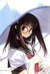  2003 absurdres bangs black-framed_eyewear black_hair blue_eyes blush dated duplicate from_side glasses grin highres holding holding_umbrella kurihara_touko long_hair looking_at_viewer looking_back nakamura_takeshi neckerchief official_art over_shoulder push!! scan scan_artifacts school_uniform serafuku shade shirt short_sleeves simple_background sleeve_cuffs smile solo tenshi_no_inai_12-gatsu umbrella upper_body white_background white_shirt 