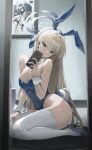  1girl 4meart0112 absurdres animal_ear_hairband animal_ears blonde_hair blue_archive blue_eyes blue_halo blue_leotard breasts cellphone cleavage closed_mouth earpiece fake_animal_ears full-length_mirror hairband halo high_heels highres holding holding_phone kneeling large_breasts leotard long_hair mirror phone playboy_bunny rabbit_ear_hairband rabbit_ears rabbit_tail reflection selfie smartphone solo tail thighhighs thighs toki_(blue_archive) toki_(bunny)_(blue_archive) very_long_hair white_thighhighs wrist_cuffs 