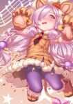  1girl animal_costume animal_hands dress fangs flat_chest gloves granblue_fantasy hair_ornament hair_over_one_eye halloween harvin highres jack-o&#039;-lantern jack-o&#039;-lantern_hair_ornament lion_costume lion_tail long_hair looking_at_viewer niyon_(granblue_fantasy) niyon_(lejonskrik)_(granblue_fantasy) pantyhose paw_gloves paw_shoes purple_hair red_eyes solo tail twintails very_long_hair yggsil 