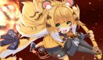  1girl animal_ears animal_nose blonde_hair brown_hair commentary_request embers fang fire floating_hair furrification furry furry_female green_eyes highres holding holding_weapon horokusa_(korai) hu_wei_(zenless_zone_zero) jacket ju_fufu long_hair looking_at_viewer multicolored_hair open_mouth socks solo tail tiger_ears tiger_girl tiger_tail very_long_hair weapon whiskers white_hair white_socks zenless_zone_zero 