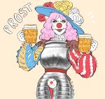 1girl alcohol armor beer beer_mug black_eyes blush brown_background clown clown_nose clownsknecht commentary cup drink english_commentary german_text gloves goblin_bin hat_feather highres holding holding_cup holding_drink makeup mug original pink_hair red_lips simple_background smile solo white_gloves 