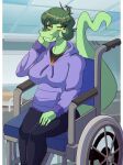 absurd_res anthro artist_name baryonyx big_breasts biped black_bottomwear black_clothing black_pants black_shirt black_topwear bottomwear breasts cavemanon_studios classroom clothed clothed_anthro clothed_female clothing colored dinosaur disability eyebrow_through_hair eyebrows female fingers freckled_face freckles front_view green_body green_hair green_scales grey_eyes hair half-closed_eyes hand_on_cheek hi_res hoodie humanoid_hands i_wani_hug_that_gator inside long_tail looking_at_viewer marilyn-toxic medium_hair narrowed_eyes non-mammal_breasts olivia_halford pants paraplegic portrait prehistoric_species purple_clothing purple_hoodie purple_topwear reptile scales scalie school shaded shadow shirt sitting solo spinosaurid tail text theropod three-quarter_portrait topwear translucent translucent_hair vehicle wheelchair yellow_sclera