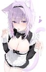  1girl absurdres ahoge alternate_costume animal_ear_fluff animal_ears apron black_bow black_bowtie black_dress black_hairband bow bowtie breasts cat_ears cat_girl cat_tail cleavage cleavage_cutout clothing_cutout commentary crossed_bangs double-parted_bangs dress food frilled_apron frilled_dress frills hair_between_eyes hairband highres holding holding_food holding_popsicle hololive long_sleeves looking_at_viewer medium_hair messy_hair nekomata_okayu nikumega popsicle purple_eyes purple_hair saliva saliva_trail short_dress simple_background smile solo tail tongue tongue_out traditional_bowtie v virtual_youtuber white_apron 