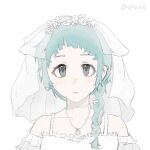  1girl aged_up anyijiunian aqua_hair artist_name black_eyes blush braid choker dress frilled_dress frills hair_over_shoulder jewelry long_hair looking_at_viewer necklace persona persona_3 simple_background single_braid solo veil wedding_dress white_background white_dress yamagishi_fuuka 