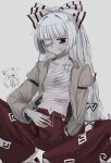 1girl bandaged_chest bandaged_hand bandaged_torso bandages bandaid bandaid_on_face blood blood_from_eyes bow cigarette expressionless eyepatch flat_chest fujiwara_no_mokou grey_background grey_shirt hair_bow hair_ribbon highres holding holding_cigarette long_hair long_sleeves medical_eyepatch navel open_clothes open_shirt pants red_eyes red_pants ribbon shirt sitting solo touhou twitter_username very_long_hair watage_milktea white_hair 