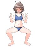  1girl absurdres ahoge blue_panties blue_sports_bra blunt_bangs blush commentary_request commission cowboy_shot double_v embarrassed full-face_blush full_body furaggu_(frag_0416) highres kantai_collection kishinami_(kancolle) navel panties pixiv_commission short_hair simple_background solo sports_bra squatting standing stomach thighs underwear v variant_set white_background yellow_eyes 