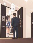  1boy 1girl absurdres bag black_shoes black_suit blue_shirt blue_skirt breasts brown_hair cheerleader commentary_request door doorway highres holding holding_bag indoors kneehighs koh_(minagi_kou) large_breasts long_hair looking_at_another open_door original shirt shoes skirt slippers socks speech_bubble standing suit translation_request two-tone_shirt white_shirt white_slippers white_socks 