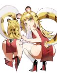 1girl absurdres alternate_costume animal_ears ass ass_focus bare_arms bare_shoulders black_panties black_shoes blonde_hair china_dress chinese_clothes colored_inner_hair dress from_behind green_eyes hashtag-only_commentary high_heels highres ju_fufu long_hair looking_at_viewer multicolored_hair multiple_views panties ppangchil red_dress shoes sleeveless sleeveless_dress squatting striped_hair tail tail_through_clothes thighhighs thong tiger_ears tiger_girl tiger_tail underwear white_hair white_thighhighs zenless_zone_zero 