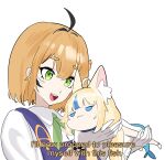  2girls absurdres ahoge animal_ear_fluff animal_ears blonde_hair blue_eyes blue_hair blue_overalls cat_ears daaku_(koizumi_arata) dooby_(vtuber) fins fish_girl fish_tail green_eyes highres i&#039;ll_now_proceed_to_pleasure_myself_with_this_fish_(meme) indie_virtual_youtuber meme multicolored_hair multiple_girls overalls sameko_saba shirt streaked_hair subtitled tail teeth upper_teeth_only white_shirt 