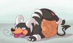 2019 after_vore belly big_belly blue_background blue_eyes dweet-tea female feral generation_1_pokemon generation_2_pokemon group houndoom lying nintendo on_front overweight pokemon pokemon_(species) rattata simple_background vore