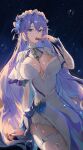  1girl absurdres blue_eyes blue_flower breasts cantarella_(wuthering_waves) cherry cleavage commentary cowboy_shot dress earrings facial_mark flower food fruit hair_between_eyes hair_flower hair_ornament headdress highres jewelry jianjia large_breasts long_hair looking_at_viewer mark_under_eye mole mole_under_eye open_mouth purple_hair shrug_(clothing) solo thighhighs thighs tongue tongue_out very_long_hair white_dress white_shrug white_thighhighs wuthering_waves 