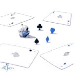  1other ace_(playing_card) ace_of_clubs ace_of_diamonds ace_of_hearts ace_of_spades animate_object artist_name backpack bag blue_jacket card club_(shape) commentary diamond_(shape) hands_on_own_knees heart helmet highres jacket kazunoko_(kazunoko_zunoco) original playing_card radio_antenna shadow signature simple_background sitting space_helmet spade_(shape) white_background 