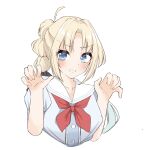  1girl ahoge anyoji_hime black_ribbon blonde_hair blue_eyes blue_hair blush borrowed_hairstyle breasts claw_pose collarbone cropped_torso curtained_hair dress gradient_hair grey_dress grin hair_ribbon hasu_no_sora_school_uniform highres link!_like!_love_live! looking_at_viewer love_live! medium_breasts multi-tied_hair multicolored_hair neckerchief osawa_rurino parted_bangs ponytail red_neckerchief ribbon sailor_collar sailor_dress school_uniform simple_background smile solo tama_hasudan v-shaped_eyebrows virtual_youtuber white_background white_sailor_collar 
