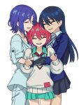  1boy 2girls amate_yuzuriha blue_hair blush boy_and_girl_sandwich closed_eyes collared_shirt commentary_request cowboy_shot daoshitaka group_hug gundam gundam_gquuuuuux highres hug jacket long_hair long_sleeves multiple_girls necktie nyaan_(gundam_gquuuuuux) open_mouth red_hair red_necktie sandwiched school_uniform shirt short_hair shuji_ito simple_background skirt smile striped_necktie sweater two-tone_necktie white_background 