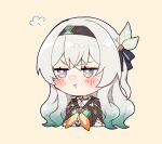  1girl blush blush_stickers brown_hairband brown_jacket chibi cropped_jacket crying crying_with_eyes_open detached_sleeves eeeeekyawaiii firefly_(honkai:_star_rail) gradient_eyes gradient_hair green_pupils grey_hair hair_between_eyes hair_intakes hair_ornament hair_ribbon hairband honkai:_star_rail honkai_(series) jacket long_hair multicolored_eyes multicolored_hair neckerchief orange_neckerchief pout ribbon simple_background solo tears white_sleeves yellow_background 