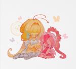  1boy 1girl angel_wings antenna_hair armored_boots blonde_hair boots butterfly_wings chibi colored_skin cookie_run cookie_run:_kingdom cupid curly_eyebrows floating_hair humanization insect_wings ishrkut layered_clothes leg_armor leotard long_eyelashes long_hair pavlova_cookie pink_skin sugarfly_cookie very_long_hair wings yellow_leotard yellow_skin 