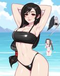  1boy 2girls aerith_gainsborough armpits artist_name bikini black_bikini blush blushyspicy braid breasts brown_eyes brown_hair day earrings final_fantasy final_fantasy_vii flying grey_hair highres hill holding holding_sword holding_weapon jewelry large_breasts long_hair multiple_girls navel ocean outdoors pink_bikini sephiroth shiny_skin skindentation smile smug stomach swimsuit sword tifa_lockhart water weapon wings 