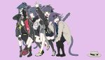  6+girls \||/ absurdres alternate_costume animal_ears arknights arm_up asymmetrical_legwear bare_legs black_boots black_dress black_jacket black_pants black_shorts black_socks black_tank_top boots braid breasts brown_coat brown_hat cat_ears cat_girl cat_tail clenched_hand closed_eyes closed_mouth coat dress fingerless_gloves floppy_ears from_side full_body gas_mask gloves goggles goggles_on_head green_eyes grey_hair grey_shoes grey_skirt grey_tail hair_ornament hat hazmat_suit highres hood hooded_jacket jacket jessica_(arknights) jessica_(ash)_(arknights) jessica_(clivia)_(arknights) jessica_(iron_block)_(arknights) jessica_the_liberated_(arknights) jessica_the_liberated_(ride_to_davistown)_(arknights) kneehighs kyu-kurarin_(cevio) landl large_breasts long_hair long_sleeves mask multiple_girls multiple_persona official_alternate_costume open_mouth over-kneehighs pants parody pink_background porkpie_hat puffing_up red_dress red_shoes shawl shoes short_hair shorts side_braid sidelocks simple_background skirt sneakers socks standing standing_on_one_leg tail tail_raised tank_top tearing_up thighhighs unworn_hat unworn_headwear white_shawl white_shoes wide_sleeves yellow_socks 