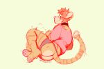  3:2 5_fingers anthro bottomwear butt chuck_(p_rindustries) clothing collar domestic_cat felid feline felis fingers fur guide_lines looking_back lying male mammal on_side p_rindustries pawpads pink_nose shirt shorts signature simple_background solo striped_body striped_fur stripes tail tan_body tan_fur topwear whisker_spots white_body white_fur 