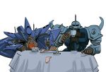  candle commentary cup english_commentary food fork gouf_custom gundam gundam_08th_ms_team ham hambrabi highres holding holding_cup holding_fork kampen1184 mecha mecha_focus mobile_suit no_humans one-eyed red_eyes robot science_fiction stab table white_background zeta_gundam 