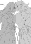  2girls absurdres asymmetrical_docking bracelet breast_press breasts closed_mouth detached_sleeves face-to-face from_side grin hakama hakama_skirt hand_on_own_hip highres horns hoshiguma_yuugi jager japanese_clothes jewelry large_breasts long_hair looking_at_another multiple_girls pointy_ears ribbon-trimmed_sleeves ribbon_trim sendai_hakurei_no_miko sharp_teeth shirt simple_background single_horn skirt smile teeth touhou white_background wide_sleeves 