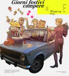  3boys 6+others alcohol argyle_clothes argyle_hat bag beer beer_bottle beer_can blonde_hair braid braided_ponytail bullet can candy car character_name copyright_name donut drink_can fiat food food_wrapper giorno_giovanna guido_mista hair_over_one_eye highres italian_text jacket jojo_no_kimyou_na_bouken key looking_at_another male_focus motor_vehicle multiple_boys multiple_others pannacotta_fugo pants paper_bag pink_jacket purple_pants sex_pistols_(stand) shishio_(shishio5431) shopping_bag single_braid spinning stand_(jojo) tomato torn_clothes vegetable vehicle_request vento_aureo wavy_mouth wrapped_candy 