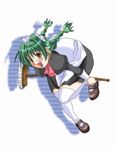  1girl bent_over blush broom character_request copyright_request fang glasses green_hair looking_at_viewer maid mary_janes open_mouth shadow simple_background smile solo spectacles thighhighs twin_braids white_background zettai_ryouiki 