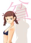  bangs bikini blue_bikini breasts brown_eyes brown_hair drill_hair frown maria-sama_ga_miteru matsudaira_touko navel silhouette small_breasts solo squiggle swimsuit toshifumi twin_drills white_background 