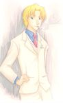  1boy blonde_hair blue_eyes blue_shirt cigarette darker_than_black formal hand_on_hip hips male male_focus necktie november_11 red_necktie shirt smoking solo standing suit white_pants white_suit 