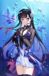  1girl absurdres asymmetrical_gloves black_gloves black_hair black_thighhighs blue_hair breasts colored_inner_hair commentary_request dress fish gloves hair_ornament highres honkai:_star_rail honkai_(series) hysilens_(honkai:_star_rail) large_breasts looking_at_viewer mismatched_gloves multicolored_hair own_hands_together purple_dress purple_eyes purple_gloves rihito_rht smile solo thighhighs thighs two-tone_hair underwater 