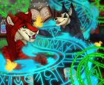  ambiguous_feral ambiguous_gender angel_(velvetvlade) anthro big_fangs book canid canine duo fangs felid feral fur glistening glistening_eyes green_eyes grey_body grey_fur hi_res killthe_demon magic_user male male_anthro mammal open_mouth open_smile red_body red_fur red_tongue smile striped_arms striped_back striped_neck teeth tongue white_body white_fur witchcraft_(nava) 