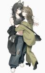  2girls absurdres animal_ears black_hair black_shirt black_shoes brown_hair closed_mouth commentary crop_top cropped_shirt full_body green_jacket green_pants highres hug jacket long_hair long_sleeves looking_at_viewer multiple_girls navel original pan-chan_(takaya_riku) pants shirt shoes sleeveless sleeveless_shirt standing symbol-only_commentary takaya_riku torn_clothes torn_pants white_shoes 