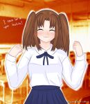  1girl absurdres artist_name blue_skirt blush brown_hair closed_eyes cornflowerskies english_text game_screenshot_background highres long_sleeves looking_at_viewer pleated_skirt ribbon school school_uniform screenshot_background shirt short_hair skirt smile solo takeuchi_takashi_(style) talking tsukihime twintails two_side_up yumizuka_satsuki 