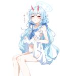  1girl absurdres bare_legs blue_archive blue_hair blue_neckerchief blush chise_(blue_archive) closed_eyes clothes_lift commentary cone_horns dress dress_lift feet_out_of_frame flying_sweatdrops hair_ornament hair_scrunchie halo highres horns kabocya_na lifting_own_clothes long_hair navel neckerchief panties sailor_dress scrunchie simple_background sitting sleeveless sleeveless_dress solo stomach sweat sweaty_clothes translation_request twintails underwear very_long_hair white_background white_panties 