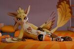  3d_(artwork) 4_ears ambiguous_gender avali ball_joints beanthusiast bed bedroom_eyes biped blender_(artwork) blep claws covering covering_crotch digital_media_(artwork) digitigrade feathered_crest feathered_wings feathers feet furniture gun half-closed_eyes handgun head_crest hi_res holding_gun holding_object holding_ranged_weapon holding_weapon logo looking_at_viewer lying mechanical_leg multi_ear narrowed_eyes nude on_bed on_side orange_eyes paws pillow pistol prosthetic prosthetic_leg prosthetic_limb ranged_weapon scutes seductive solo spiri'vali tail tail_feathers toes tongue tongue_out weapon winged_arms wings yellow_body 