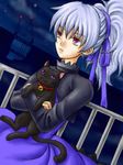  1girl animal bell black_cat carry carrying cat cityscape collar darker_than_black dress female hair_ribbon holding long_sleeves lowres mao mao_(darker_than_black) maroon_eyes outdoors ponytail purple_dress purple_eyes purple_ribbon railing ribbon yin 