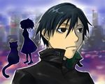  1boy 1girl black_cat black_eyes black_hair black_jacket cat city cityscape darker_than_black hei jacket mao mao_(darker_than_black) silhouette yin 