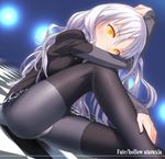  black_bodysuit bodysuit caren_hortensia checkered checkered_floor dutch_angle fate/hollow_ataraxia fate/stay_night fate_(series) lavender_hair layered_sleeves pantyhose perspective solo thighhighs uni white_hair yellow_eyes 