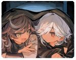  2boys aged_down border brown_hair commentary_request cyno_(genshin_impact) genshin_impact green_eyes grey_hair hair_between_eyes hair_over_one_eye kaawaisann long_hair long_sleeves lying male_focus multiple_boys on_stomach red_eyes sethos_(genshin_impact) talking under_covers upper_body white_border white_hair 
