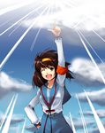  armband blue_sailor_collar brown_hair cloud day gin'ichi_(akacia) kita_high_school_uniform pointing sailor_collar school_uniform serafuku short_hair sky solo suzumiya_haruhi suzumiya_haruhi_no_yuuutsu 