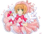  bow brown_hair card_captor_sakura fuuin_no_tsue green_eyes kinomoto_sakura petals rose_petals short_hair wand wings 