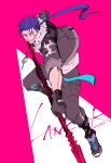  absurdres blue_hair cu_chulainn_(fate) cu_chulainn_(fate/stay_night) cu_chulainn_(honkai:_star_rail)_(fate) fate/stay_night fate_(series) fighting_stance gae_bolg_(fate) gloves highres holding holding_polearm holding_weapon looking_at_viewer male_focus pink_background polearm ponytail ro96yy smile solo spear spiked_hair weapon 