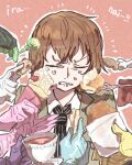  1boy akechi_gorou black_necktie blue_gloves brown_hair character_request closed_eyes commentary_request cookie crepe cup food fork giving gloves green_gloves green_jacket holding holding_cup jacket male_focus necktie ni_(evaw8772) out_of_frame persona persona_5 pink_background pink_gloves purple_gloves red_gloves romaji_text shirt short_hair simple_background tears upper_body white_gloves white_shirt yellow_gloves 